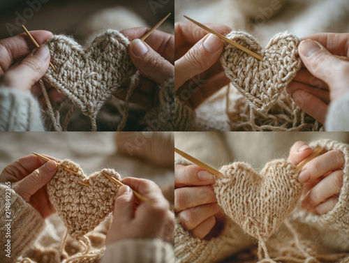 Illustration of two hands knitting a heart out of yarn (the work is nearly complete); the texture of the knitting and the detail of the stitches are visible; realistic proportions of the hands and 