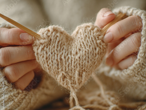 Illustration of two hands knitting a heart out of yarn (the work is nearly complete); the texture of the knitting and the detail of the stitches are visible; realistic proportions of the hands and 