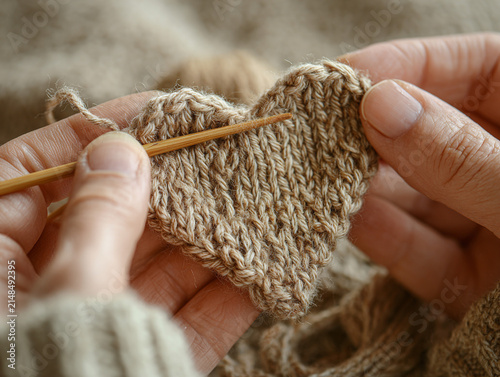 Illustration of two hands knitting a heart out of yarn (the work is nearly complete); the texture of the knitting and the detail of the stitches are visible; realistic proportions of the hands and 