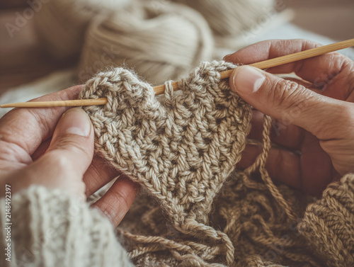 Illustration of two hands knitting a heart out of yarn (the work is nearly complete); the texture of the knitting and the detail of the stitches are visible; realistic proportions of the hands and 