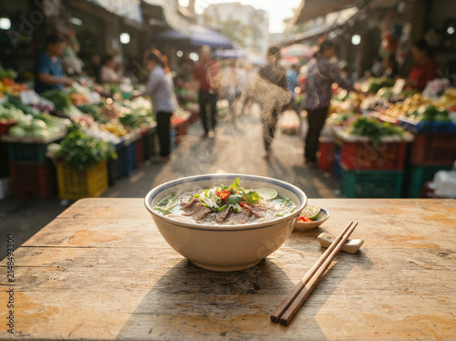 Bowl of steaming vietnamese noodle soup on a table in a bustling market
