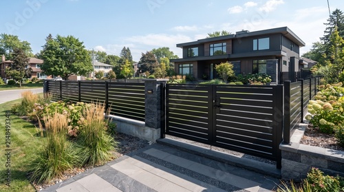 modern black metal fence and gate surrounding luxury residential house in suburban neighborhood