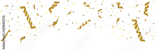 Falling shiny gold confetti decoration ornament. Glitter confetti border for festive holiday background.