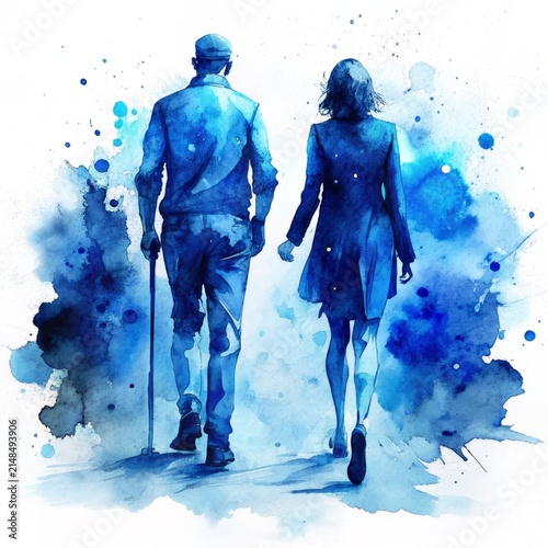 Watercolor illustration of a couple in blue tones with artistic splashes - Romantic sketch of a man and woman for a postcard design