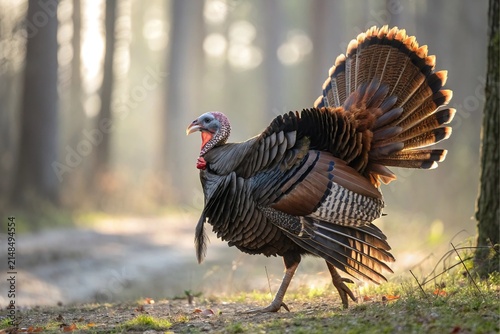 A male wild turkey displaying his tail feathers in a beautiful sunlit forest during the early morning