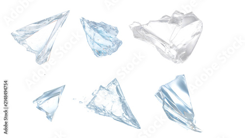 Broken glass shards vector set realistic shattered crystal fragments isolated on white background transparent ice splash
