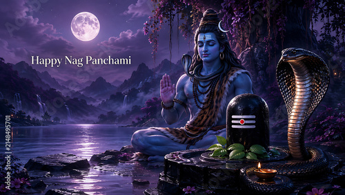 Mahadev blessing sacred shiv lingam beside majestic cobra during nag panchami celebration beneath full moon in enchanting purple mountain lake