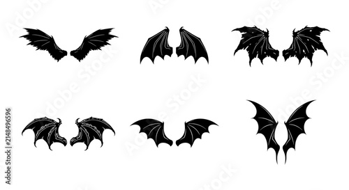 Black Bat Wings Vector Icons, Gothic Devil Angel Emblems, Fantasy Creature Silhouettes