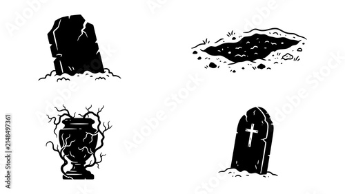 Black and white graveyard icons set with tombstone and vase