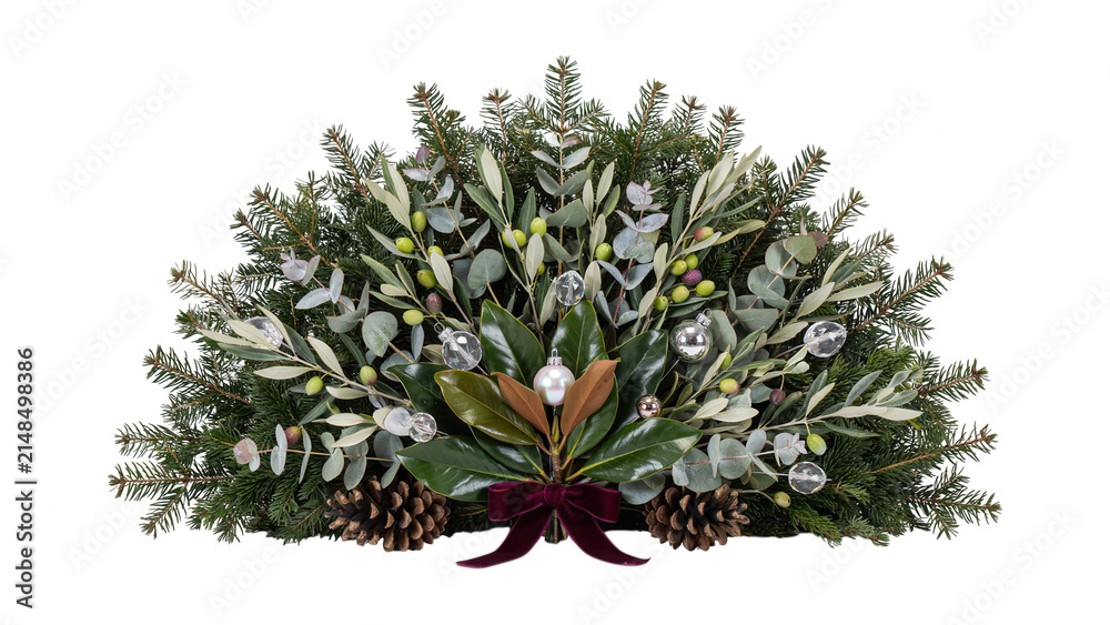 Fototapeta premium Christmas swag with pine branches and ornaments isolated on transparent background