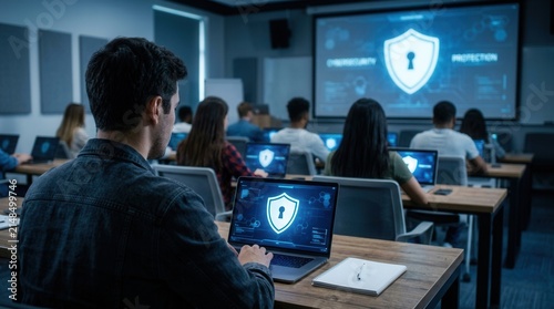 Laptops displaying shields and a projector showing a security symbol as students attend a cybersecurity network defense training class.