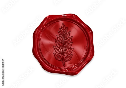 Red wax seal with leaf imprint isolated
