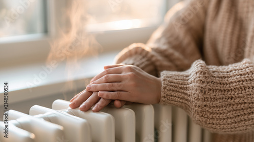 Woman warming hands on home radiator during cold weather and winter heating season