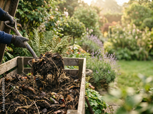 Gardener forking compost pile with lavender border and garden path
