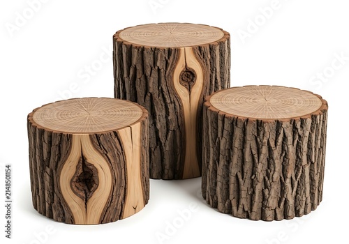 Three rustic wooden stump stools arranged together