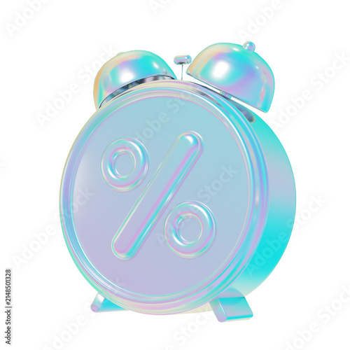 Deal event big sale alarm clock with percentage gradient hologram isolated on transparent png background. creative shop discount code reminder vintage y2k style. 3d rendering illustration