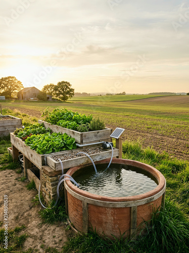 Solar powered aquaponic system with lettuce beds and a terracotta fish tank