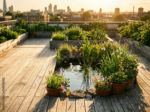 Rooftop garden pond with potted plants overlooking city skyline at sunset