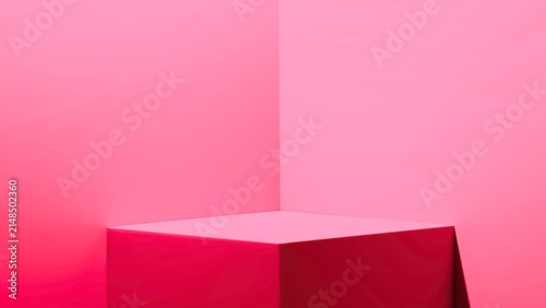 Pink cubic corner product display podium against a vibrant wall