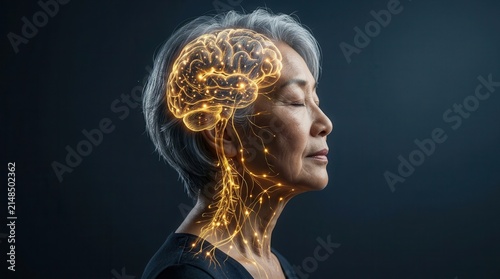 Cognitive health and neurological conditions visualized through a neural network effect in an elderly woman's head.