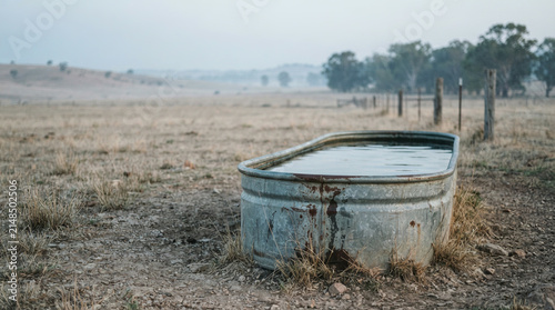 Weathered metal livestock trough part filled with water in a dry field