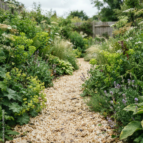 Gravel path winding through an overgrown garden of ferns and flowering shrubs