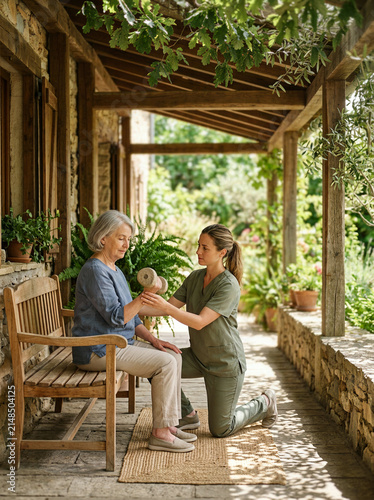 Physical therapist guiding senior woman through weighted exercise on porch