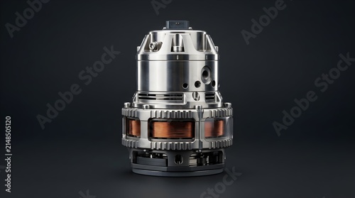 Close-up of an industrial electric motor or generator stator assembly with copper coils and machined metal housing. Power engineering, manufacturing, and electromechanical technology concept.

