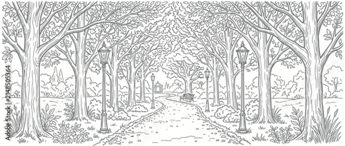 Cuadro en lienzo Park pathway lined with trees and lampposts, hand-drawn style