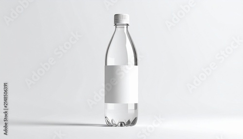 Minimalist clear water bottle on white background, symbolizing purity, simplicity, and clean product design…