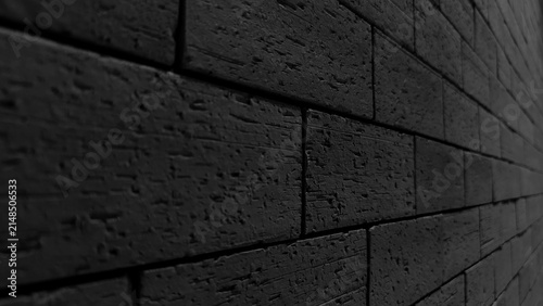 Dark Black Brick Wall Texture Background with Perspective View, Modern Architectural Masonry Blocks Surface, Angled Stone Brickwork Backdrop for Industrial Interior Design Banner Copy Space.