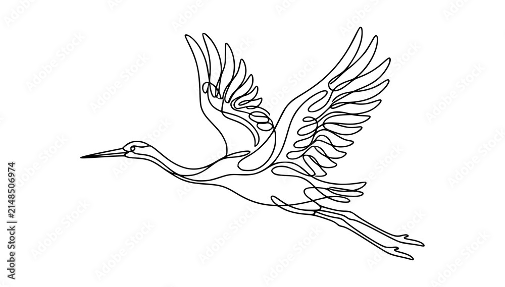 Fototapeta premium Elegant Flying Crane Continuous Line Art Abstract Feather Vector Illustration