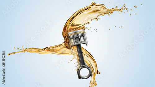 Automotive Engine Piston and Connecting Rod Splashing in Golden Oil image photo