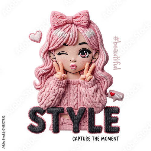 Knitted Textile Style Cute Pink Hair Girl Fashion Illustration Graphic Patch Design Element