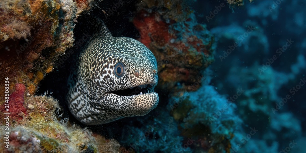 Fototapeta premium Spotted Moray Eel Lurking Inside a Deep Coral Reef Cavern