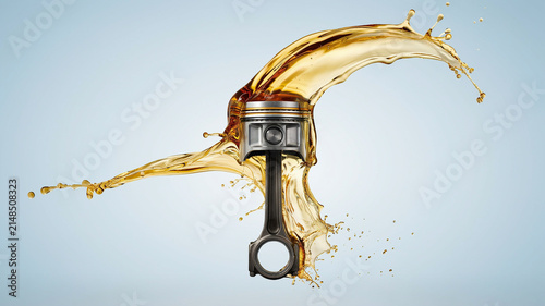 Automotive Piston Submerged in Splashing Golden Engine Oil Against Light Blue Gradient Background