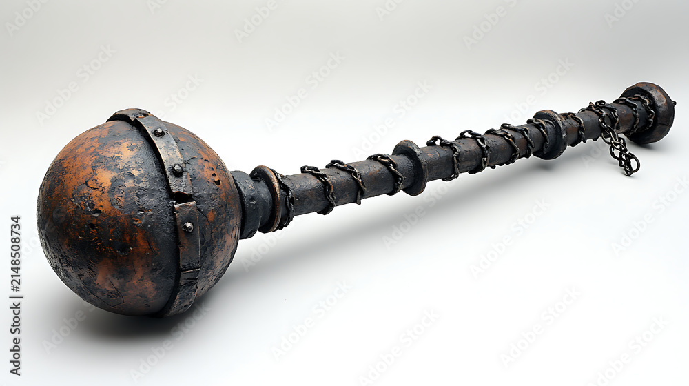 Fototapeta premium A traditional flail with its spiked ball and chain, presented against a clean white backdrop under soft professional studio lighting, emphasizing its brutal effectiveness 