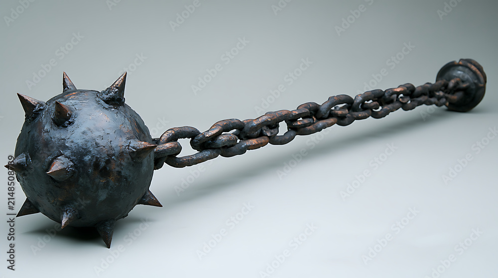 Fototapeta premium A traditional flail with its spiked ball and chain, presented against a clean white backdrop under soft professional studio lighting, emphasizing its brutal effectiveness 