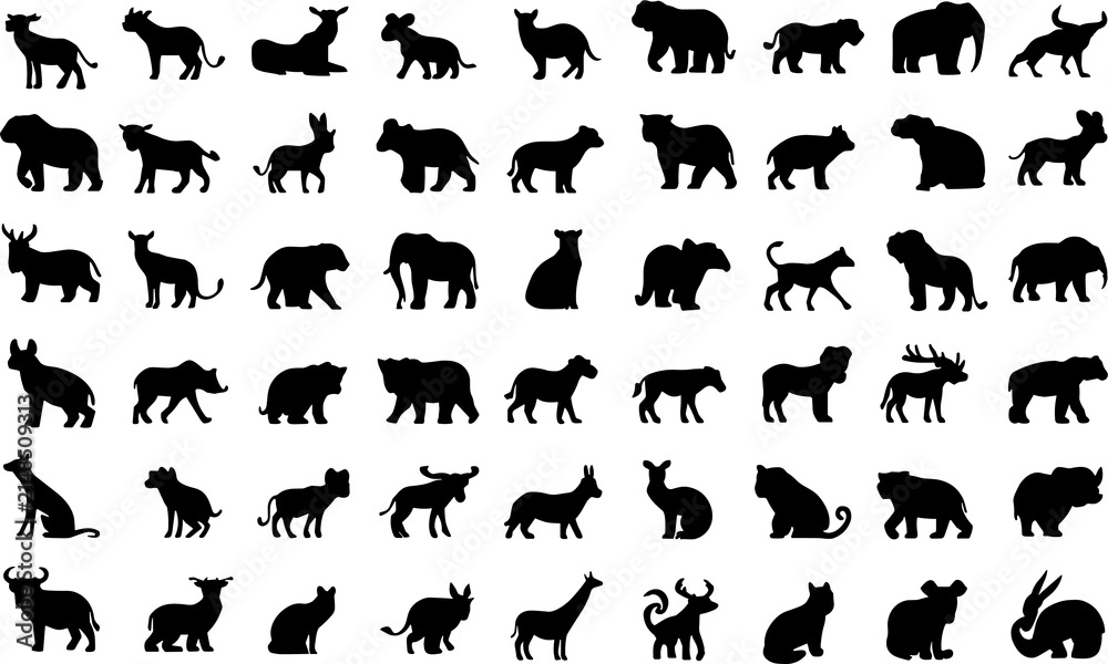 Fototapeta premium PrintWild Animal Wildlife Fauna Silhouette Vector Collection for Elephant Giraffe Lion Bear Bull Icon Bundle Set