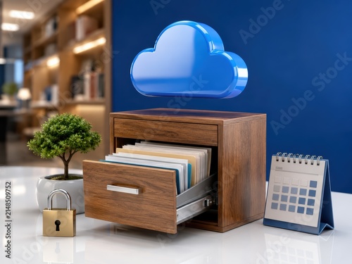 Cloud Storage Concept: A conceptual representation of cloud storage, featuring a glowing blue cloud hovering above an open wooden filing cabinet filled with documents, a padlock.