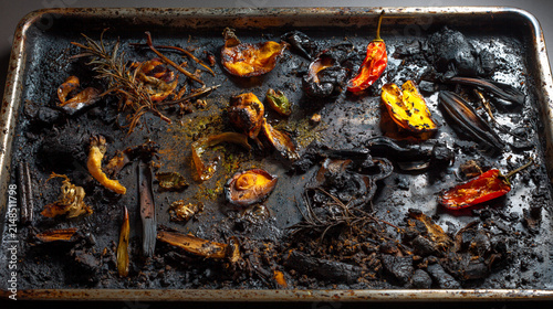 Burnt vegetables on a tray after cooking with charred remnants. Burnt food scraps on oven tray