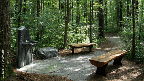 Rest area with wooden benches and water fountain in forest. Rest stop with drinking fountain and benches 