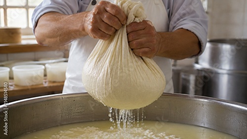 Artisan Cheesemaker Lifting Fresh Goat Milk Curds in Cheesecloth Drainer