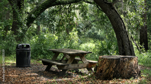 Outdoor picnic area with wooden table and trash can in forest. Picnic area with bench and trash bin