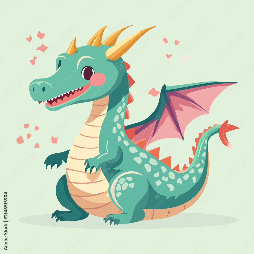 Fototapeta premium Dragon mignon cartoon avec cœurs – créature fantasy adorable