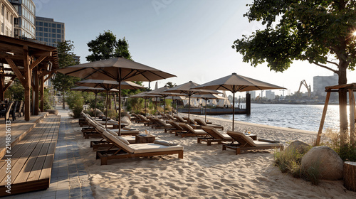 Relaxing beach lounge area with sunbeds and umbrellas by the water. Urban beach with loungers and umbrellas