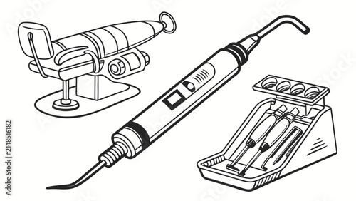 Set of dental treatment and examination tools with dentistry, instruments