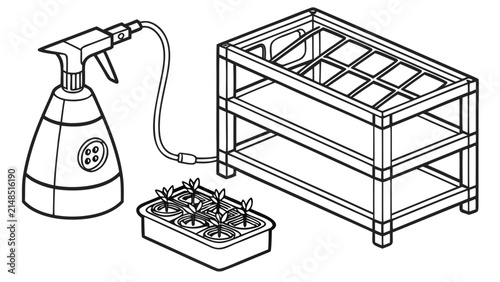 Seedling tray sprayer and shelving unit for home gardening with gardening