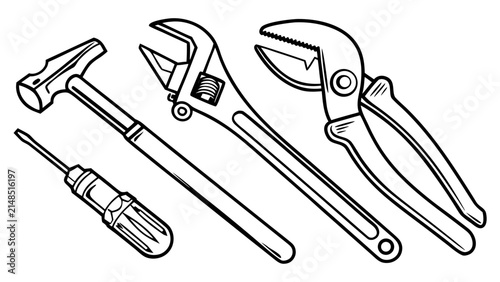 Professional hand tools set including hammer and wrench with screwdriver