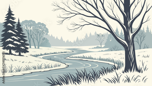 Winter forest landscape with winding river and snow covered pine trees, freezing